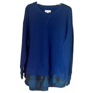 Free Assembly Mixy Top Sweatshirt Womens XXL Blue Pullover Plaid Hem Lagenlook